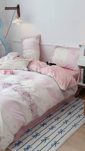 91家纺网 家纺一手货源 找家纺 2024新款13070跑量款全棉四件套--小清新系列 梦境樱桃兔 粉