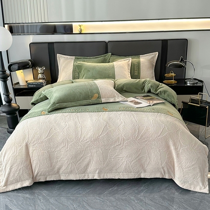 91家纺网 家纺一手货源 找家纺 莱凯家纺 2025新款牛奶绒雕花刺绣四件套-叶屿 叶屿-绿