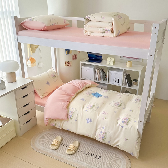 91家纺网 家纺一手货源 找家纺 2024新款水洗棉小清新印花学生三件套（床笠床套款） 花间兔