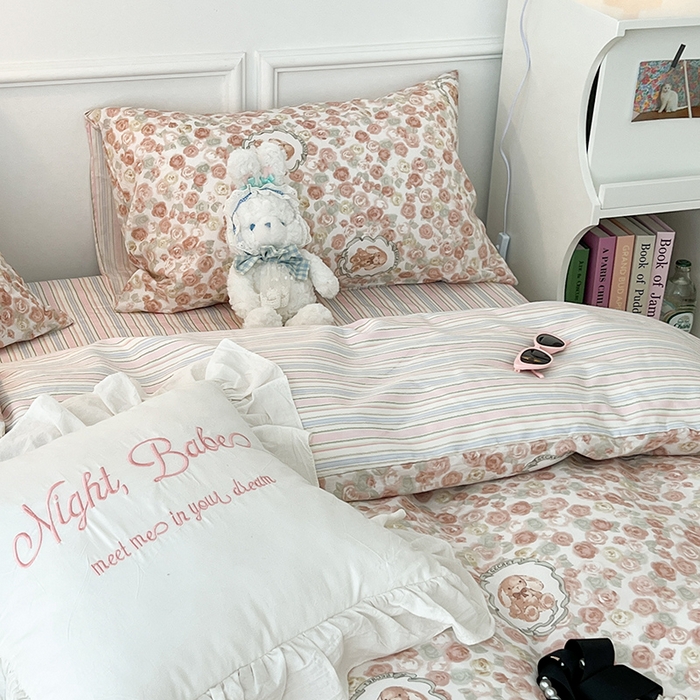 91家纺网 家纺一手货源 找家纺 2024新款13070跑量款全棉四件套--小清新系列 蔷薇兔