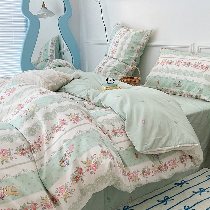 91家纺网 家纺一手货源 找家纺 2024新款13070跑量款全棉四件套--小清新系列 爱丽丝兔
