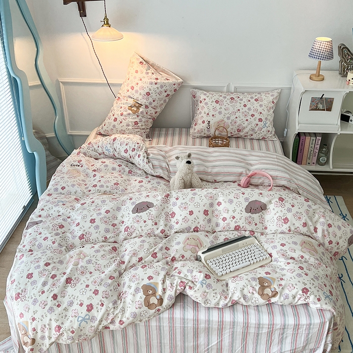 91家纺网 家纺一手货源 找家纺 2024新款13070跑量款全棉四件套--小清新系列 花花熊兔