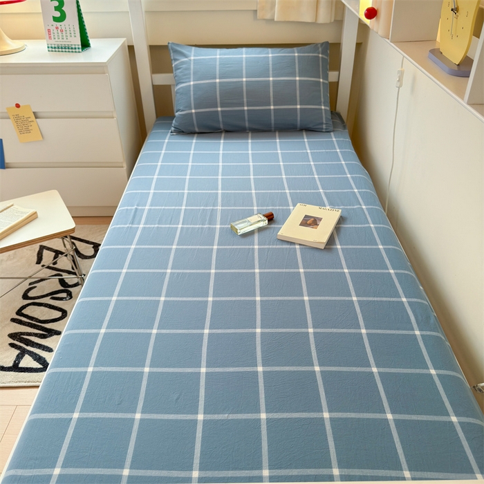 91家纺网 家纺一手货源 找家纺 北欧良品 2024新款学生季A类全棉水洗棉单品床套床垫套 海蓝大格