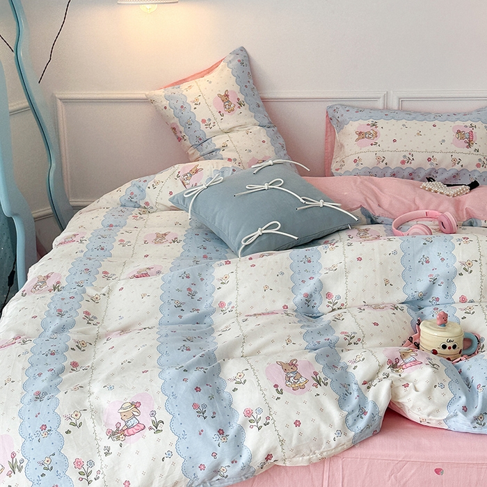 91家纺网 家纺一手货源 找家纺 2024新款13070跑量款全棉四件套--小清新系列 春日花花兔