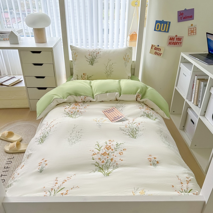 91家纺网 家纺一手货源 找家纺 2024新款水洗棉小清新印花学生三件套（床笠床套款） 仙草