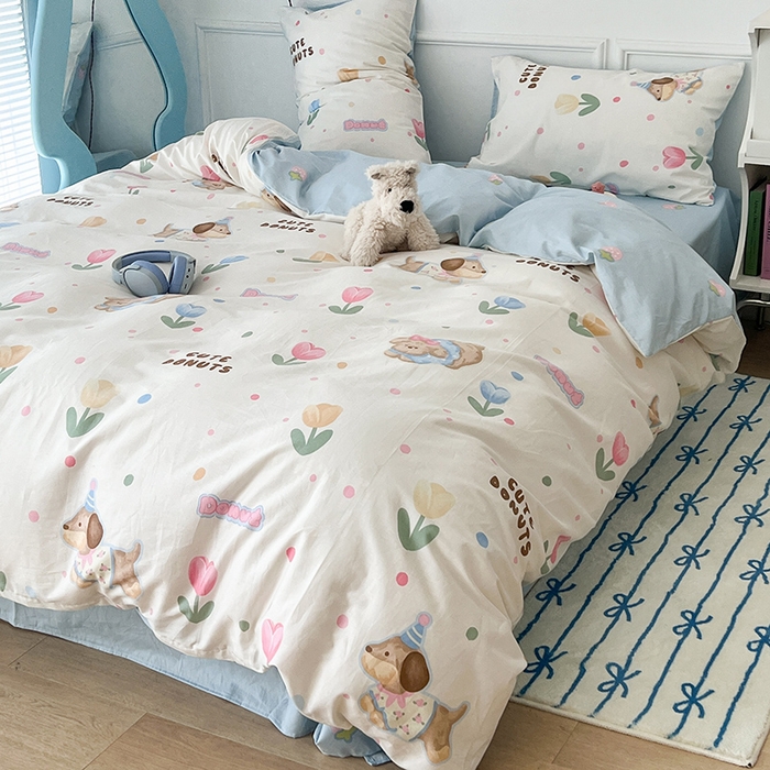 91家纺网 家纺一手货源 找家纺 2024新款13070跑量款全棉四件套--卡通系列 郁金花狗狗