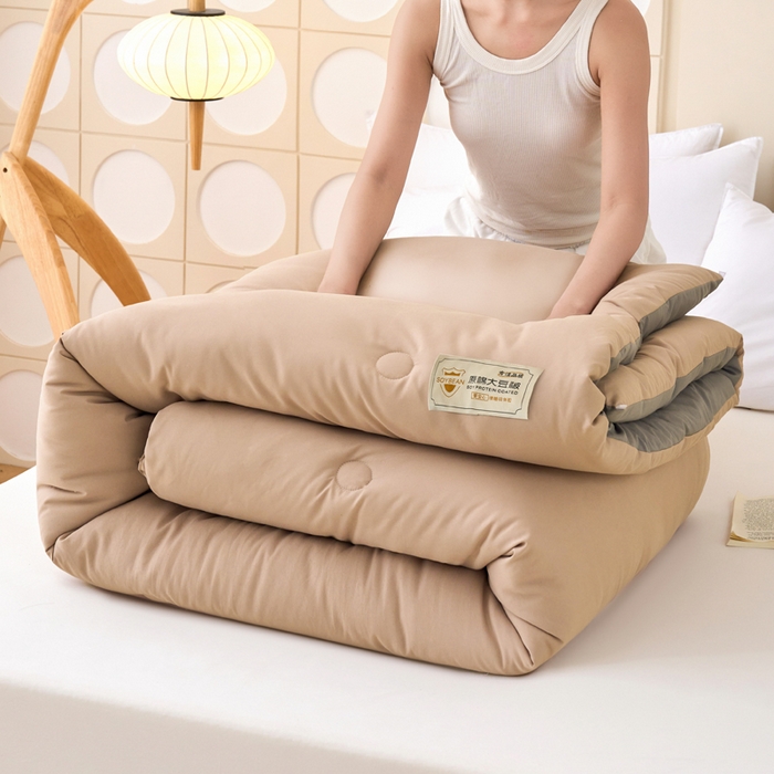 91家纺网 家纺一手货源 找家纺 梦恬佳 2024新款A类原棉亲肤棉大豆被夏被春秋被冬被 卡其+深灰