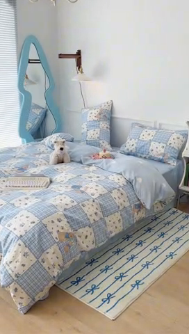 91家纺网 家纺一手货源 找家纺 2024新款13070跑量款全棉四件套--卡通系列 拼接格子兔