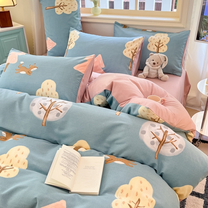 91家纺网 家纺一手货源 找家纺 莱米家纺 2024新款全棉加厚磨毛印花四件套 动物森林