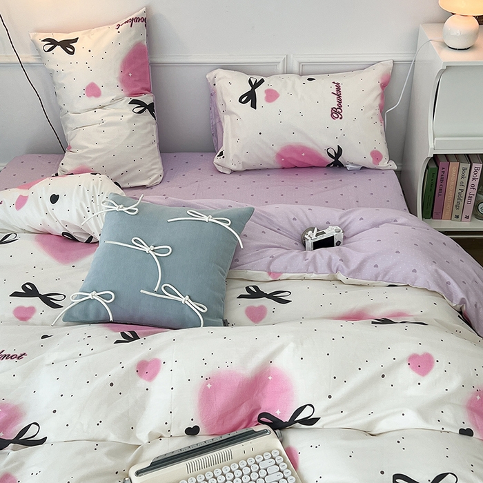 91家纺网 家纺一手货源 找家纺 2024新款13070跑量款全棉四件套--小清新系列 泼墨爱心蝴蝶结