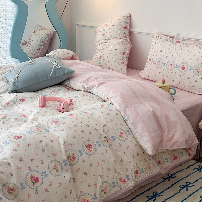 91家纺网 家纺一手货源 找家纺 2024新款13070跑量款全棉四件套--花卉系列 圈圈碎花玫瑰
