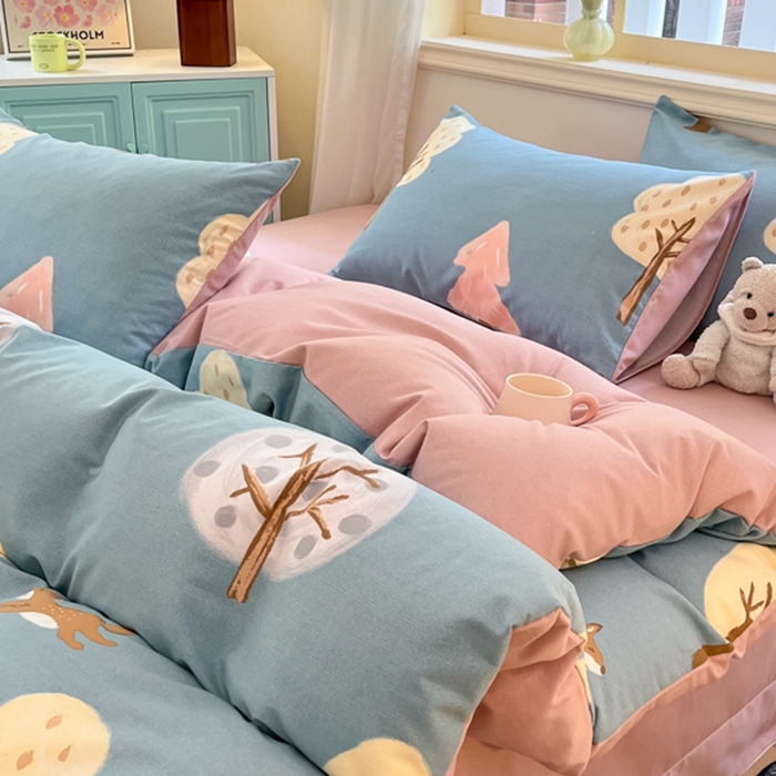 91家纺网 家纺一手货源 找家纺 莱米家纺 2024新款全棉加厚磨毛印花四件套 动物森林