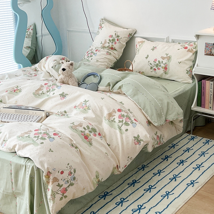 91家纺网 家纺一手货源 找家纺 2024新款13070跑量款全棉四件套--小清新系列 果实小兔