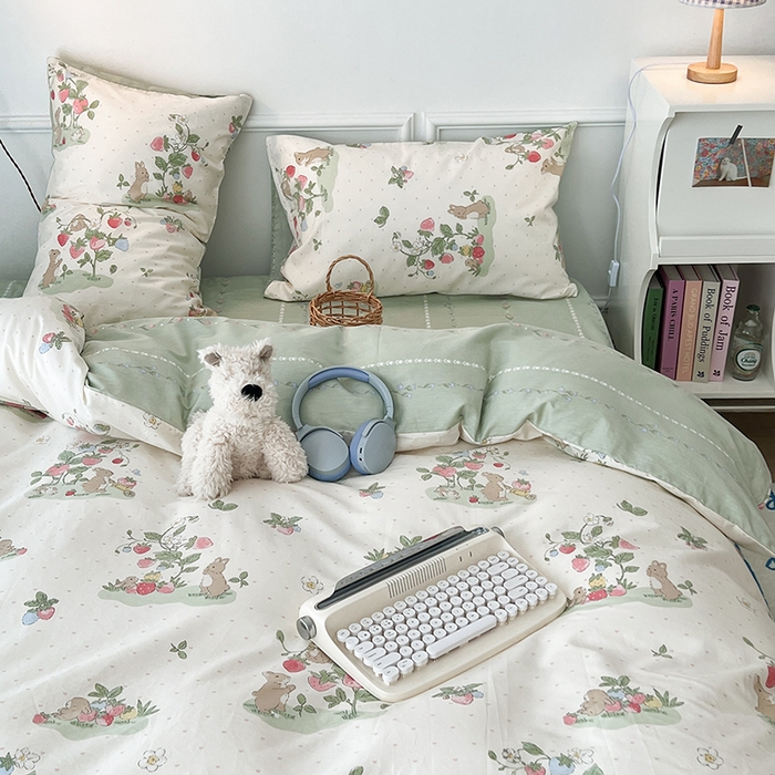 91家纺网 家纺一手货源 找家纺 2024新款13070跑量款全棉四件套--小清新系列 果实小兔