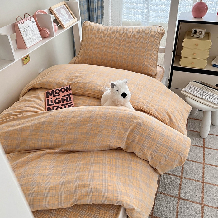 91家纺网 家纺一手货源 找家纺 沐纯家居 2024新款开学季（A类全棉水洗棉，棉加绒）床盖三件套  田园桔