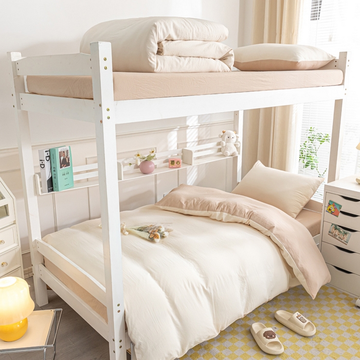 91家纺网 家纺一手货源 找家纺 2024新款纯色双拼水洗棉学生三件套（床笠床套款） 纯色-奶昔白+奶茶