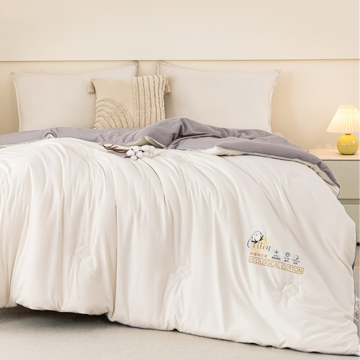 91家纺网 家纺一手货源 找家纺 好宜家纺 2025新款水洗棉新疆棉花被芯拉链款二合一子母被冬被春秋被夏被学生宿舍被褥 单被子-米白+中灰