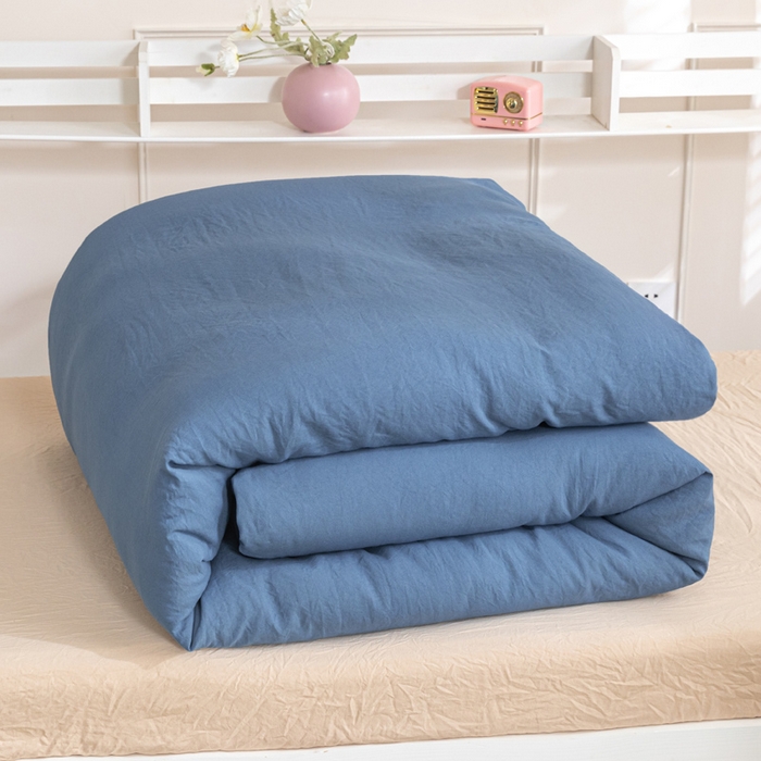 91家纺网 家纺一手货源 找家纺 2024新款纯色双拼水洗棉学生三件套（床笠床套款） 纯色-宾利蓝+奶茶