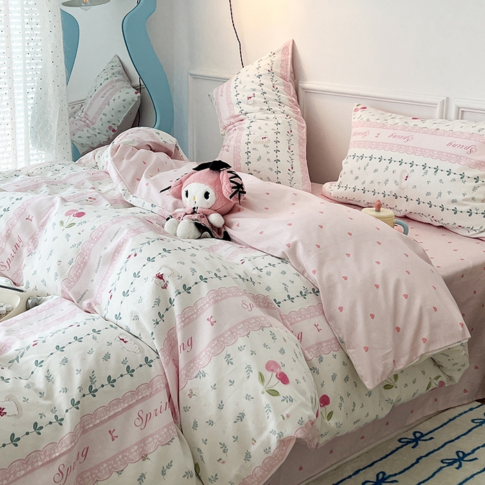91家纺网 家纺一手货源 找家纺 2024新款13070跑量款全棉四件套--小清新系列 粉粉樱桃兔