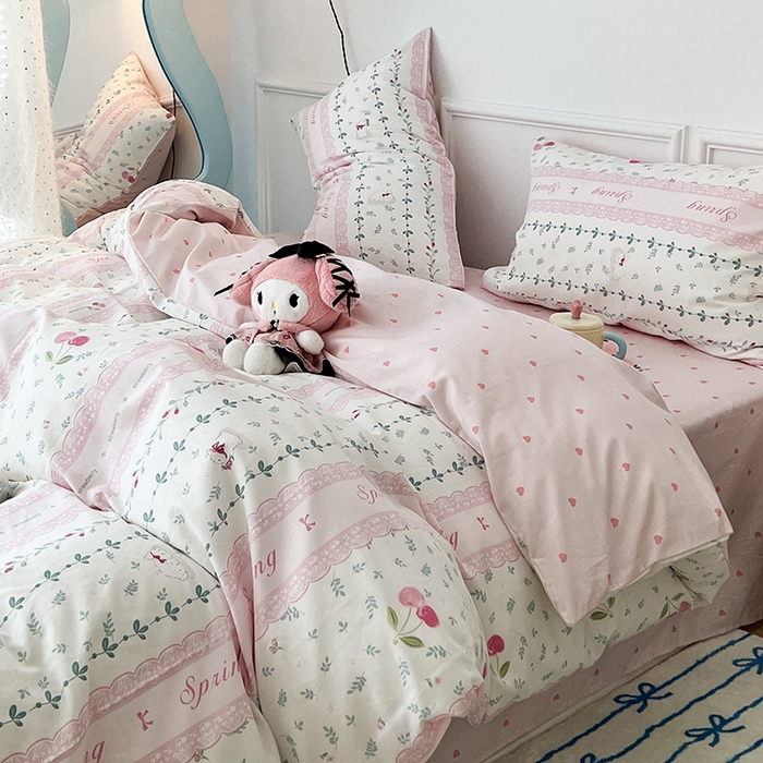 91家纺网 家纺一手货源 找家纺 2024新款13070跑量款全棉四件套--小清新系列 粉粉樱桃兔