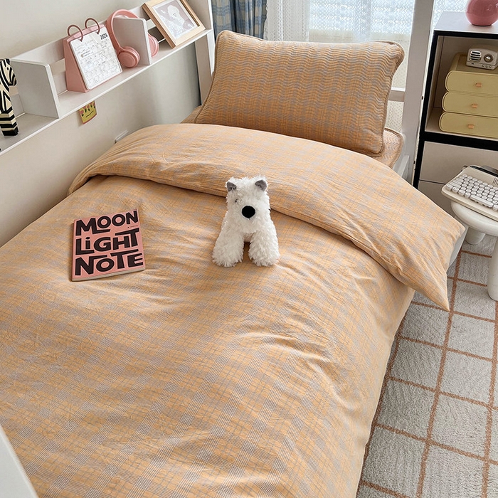 91家纺网 家纺一手货源 找家纺 沐纯家居 2024新款开学季（A类全棉水洗棉，棉加绒）床盖三件套  田园桔