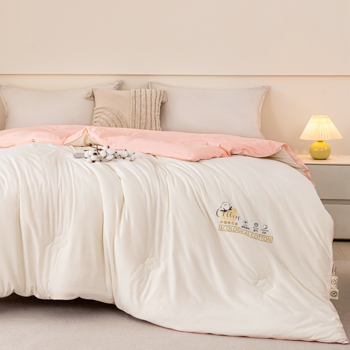 91家纺网 家纺一手货源 找家纺 好宜家纺 2025新款水洗棉新疆棉花被芯拉链款二合一子母被冬被春秋被夏被学生宿舍被褥 单被子-米白+粉玉