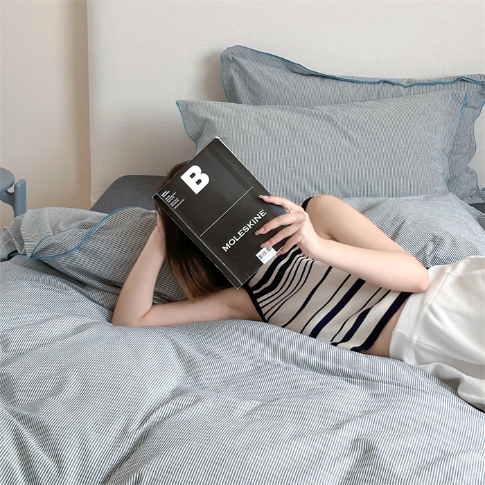 91家纺网 家纺一手货源 找家纺 （总）梦享生活家居 2024新款密拷边水洗棉细条纹四件套