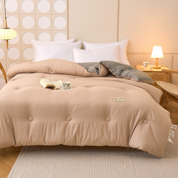 91家纺网 家纺一手货源 找家纺 梦恬佳 2024新款A类原棉亲肤棉大豆被夏被春秋被冬被 卡其+深灰