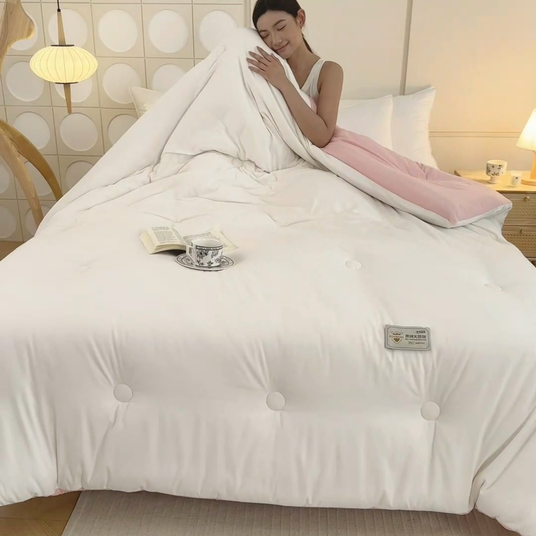 91家纺网 家纺一手货源 找家纺 梦恬佳 2024新款A类原棉亲肤棉大豆被夏被春秋被冬被 典雅白+樱花粉