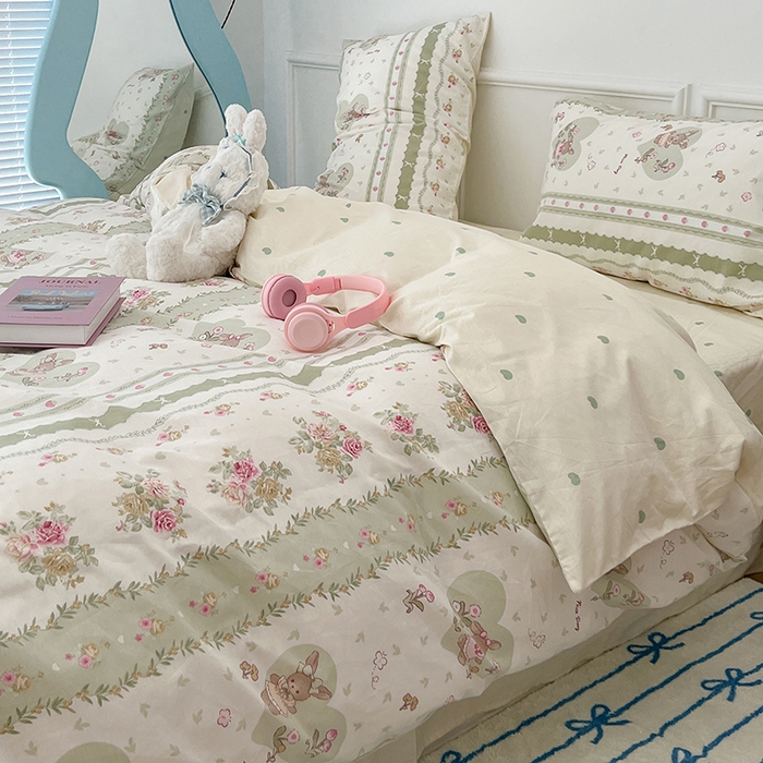 91家纺网 家纺一手货源 找家纺 2024新款13070跑量款全棉四件套--小清新系列 爱心花园兔