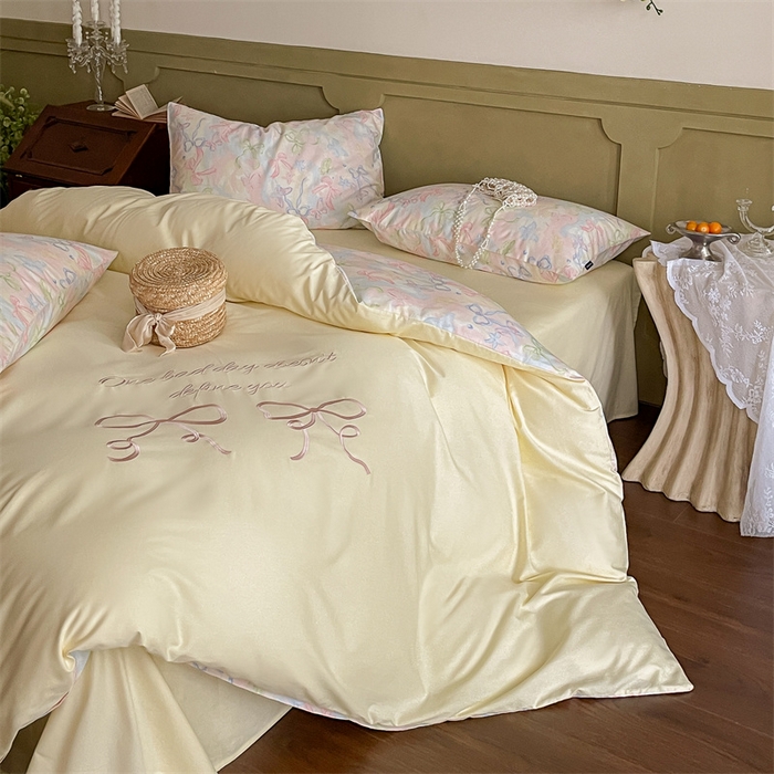 91家纺网 家纺一手货源 找家纺 圆岛家纺 2024新款全棉印花蝴蝶结刺绣四件套 蝴蝶结黄