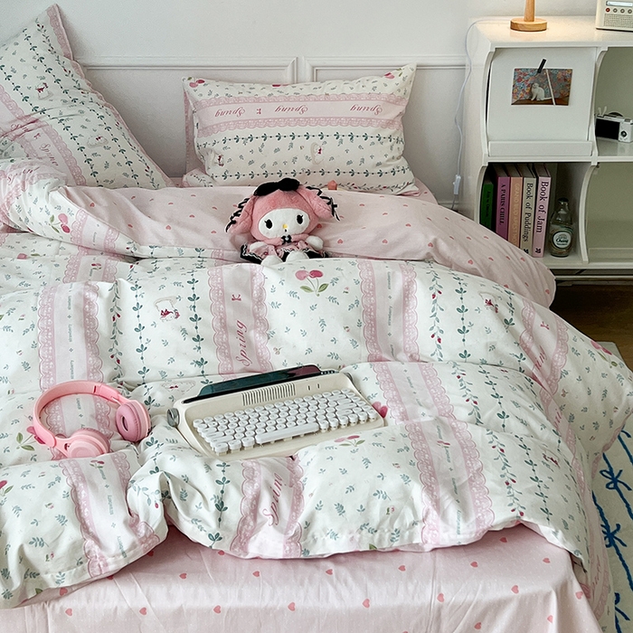 91家纺网 家纺一手货源 找家纺 2024新款13070跑量款全棉四件套--小清新系列 粉粉樱桃兔