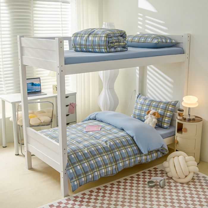 91家纺网 家纺一手货源 找家纺 2024新款水洗棉无印格子学生三件套（床笠床套款） G-简兮-蓝+海青