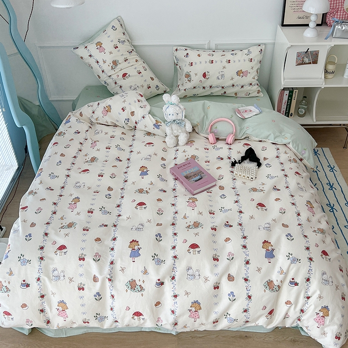 91家纺网 家纺一手货源 找家纺 2024新款13070跑量款全棉四件套--小清新系列 蘑菇女孩