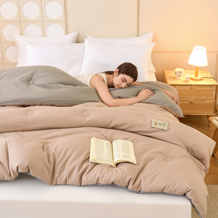 91家纺网 家纺一手货源 找家纺 梦恬佳 2024新款A类原棉亲肤棉大豆被夏被春秋被冬被 卡其+深灰