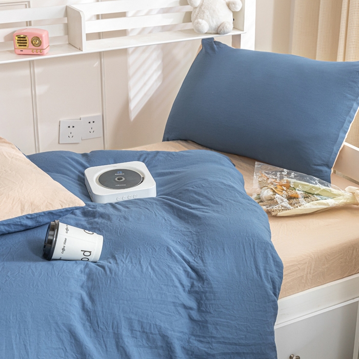 91家纺网 家纺一手货源 找家纺 2024新款纯色双拼水洗棉学生三件套（床笠床套款） 纯色-宾利蓝+奶茶