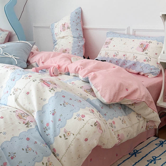 91家纺网 家纺一手货源 找家纺 2024新款13070跑量款全棉四件套--小清新系列 春日花花兔