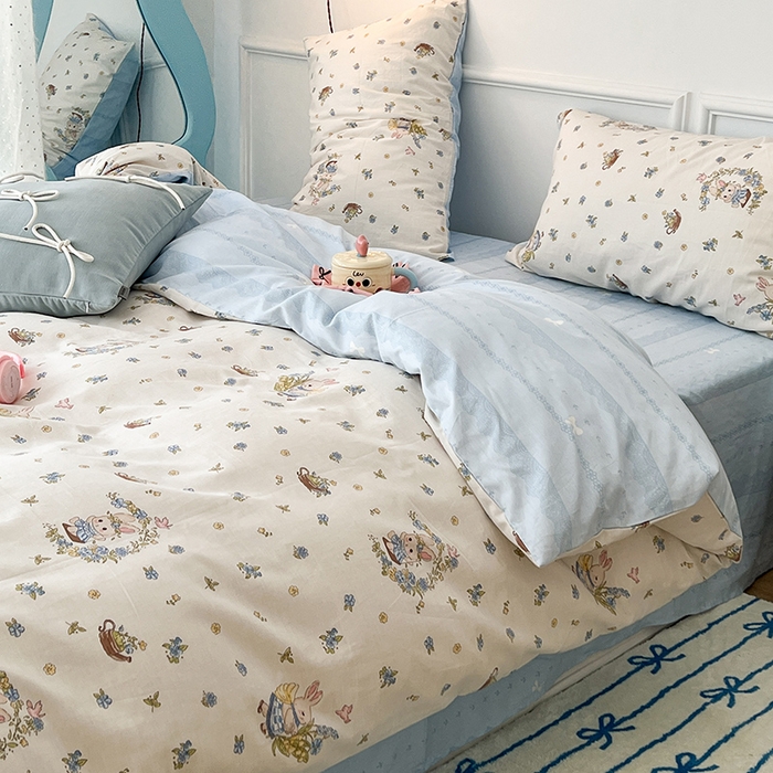 91家纺网 家纺一手货源 找家纺 2024新款13070跑量款全棉四件套--小清新系列 铃兰兔兔