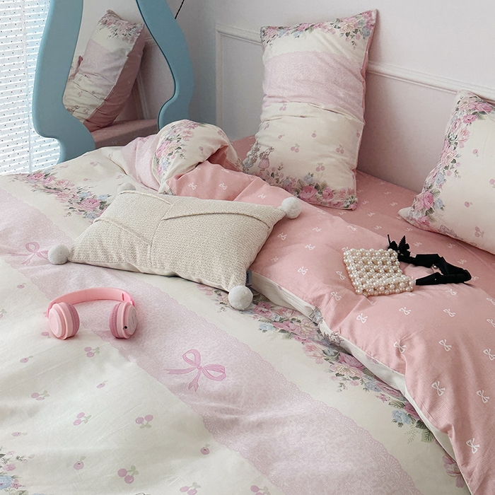 91家纺网 家纺一手货源 找家纺 2024新款13070跑量款全棉四件套--小清新系列 梦境樱桃兔 粉