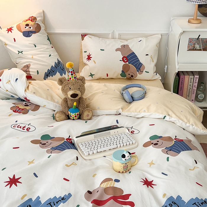 91家纺网 家纺一手货源 找家纺 2024新款13070跑量款全棉四件套--卡通系列 烟花小狗