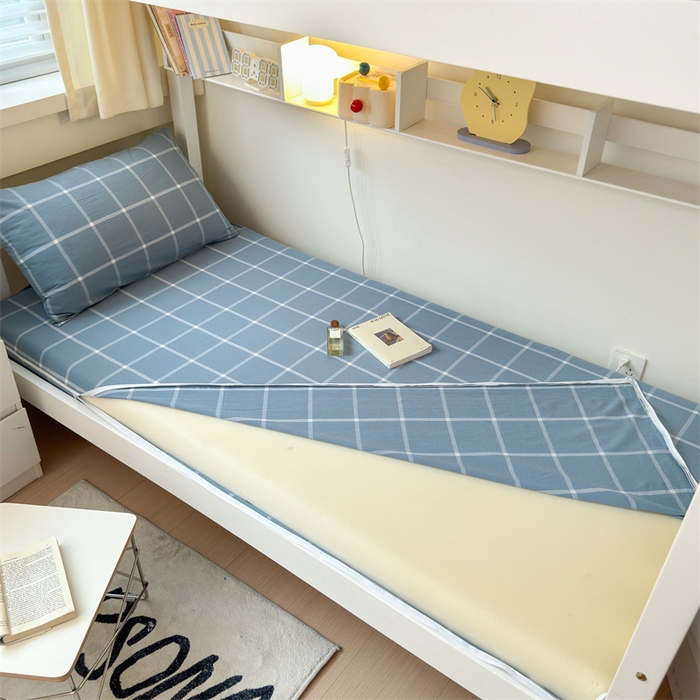 91家纺网 家纺一手货源 找家纺 北欧良品 2024新款学生季A类全棉水洗棉单品床套床垫套 海蓝大格