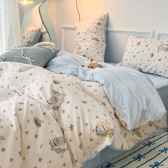 91家纺网 家纺一手货源 找家纺 2024新款13070跑量款全棉四件套--小清新系列 铃兰兔兔