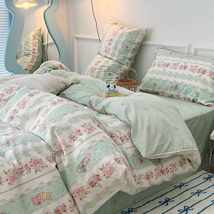 91家纺网 家纺一手货源 找家纺 2024新款13070跑量款全棉四件套--小清新系列 爱丽丝兔