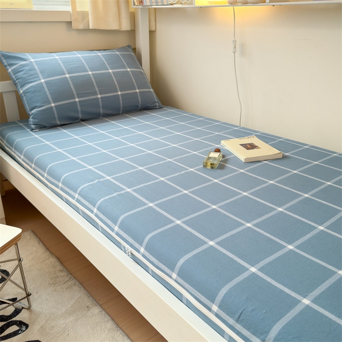 91家纺网 家纺一手货源 找家纺 北欧良品 2024新款学生季A类全棉水洗棉单品床套床垫套 海蓝大格