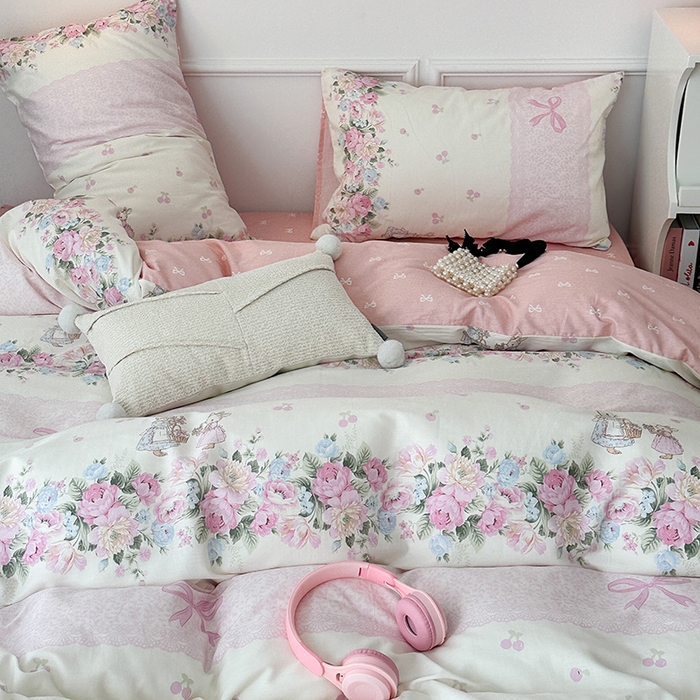 91家纺网 家纺一手货源 找家纺 2024新款13070跑量款全棉四件套--小清新系列 梦境樱桃兔 粉