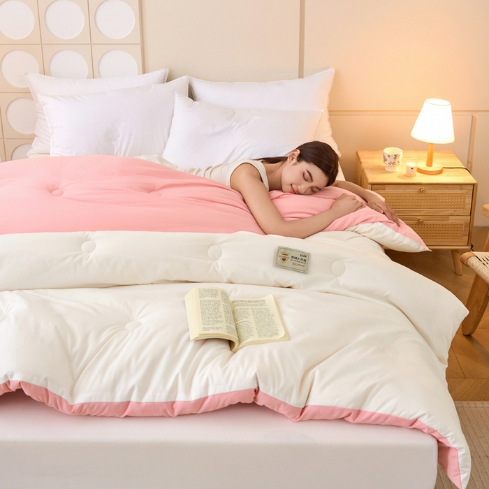 91家纺网 家纺一手货源 找家纺 梦恬佳 2024新款A类原棉亲肤棉大豆被夏被春秋被冬被 典雅白+樱花粉