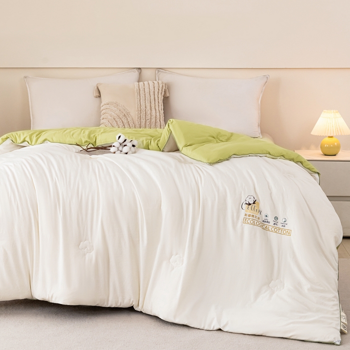 91家纺网 家纺一手货源 找家纺 好宜家纺 2025新款水洗棉新疆棉花被芯拉链款二合一子母被冬被春秋被夏被学生宿舍被褥 单被子-米白+奶绿