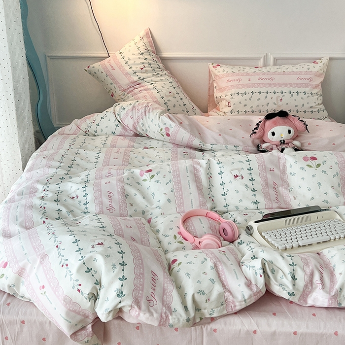 91家纺网 家纺一手货源 找家纺 2024新款13070跑量款全棉四件套--小清新系列 粉粉樱桃兔