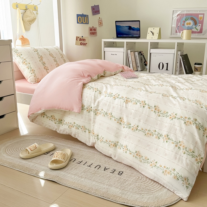 91家纺网 家纺一手货源 找家纺 2024新款水洗棉小清新印花学生三件套（床笠床套款） 花语