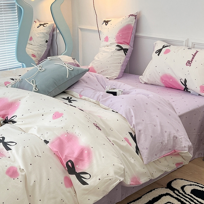 91家纺网 家纺一手货源 找家纺 2024新款13070跑量款全棉四件套--小清新系列 泼墨爱心蝴蝶结